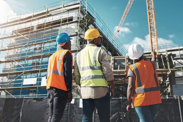 Shot of a group of builders assessing progress at a construction site.